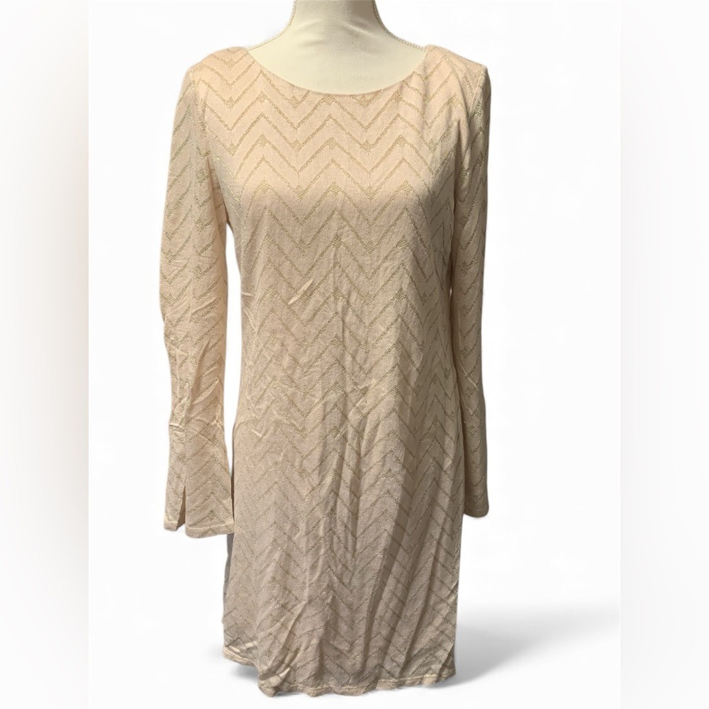 AUW Gold Lurex Chevron Long Sleeve Shift Dress Neutral Beige Medium Preloved